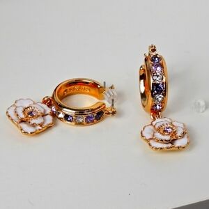 Guess Elegant Gold Tone Tan Enamel Purple Stones  Floral Hoop Earrings